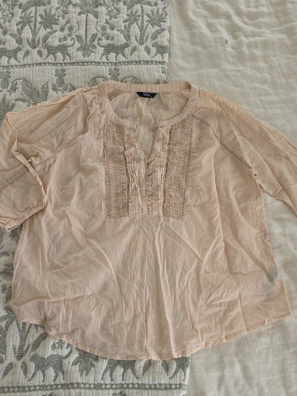 Light Blush Lace-Trim Peasant Blouse 100%cotton